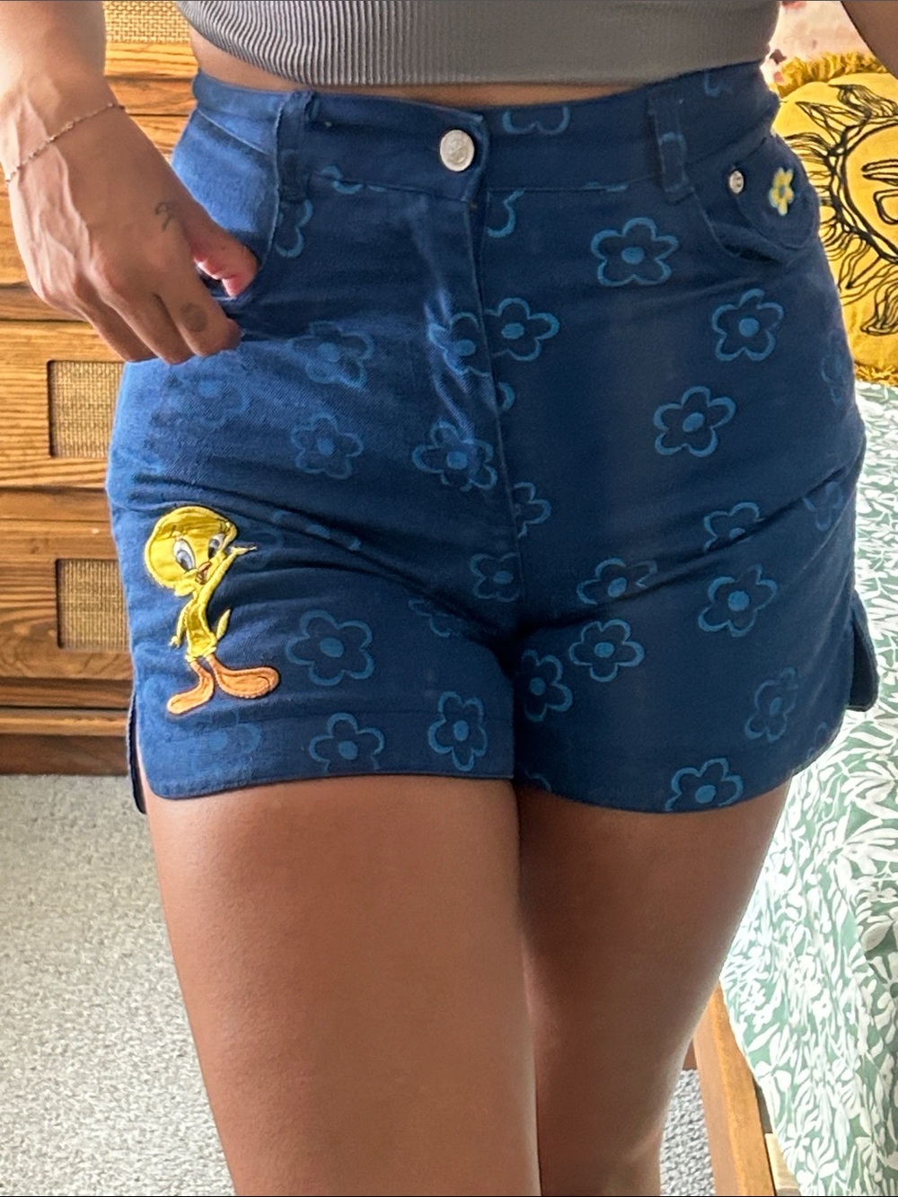 Vintage Blue Floral High-Waist Women’s Shorts with Tweety Patch